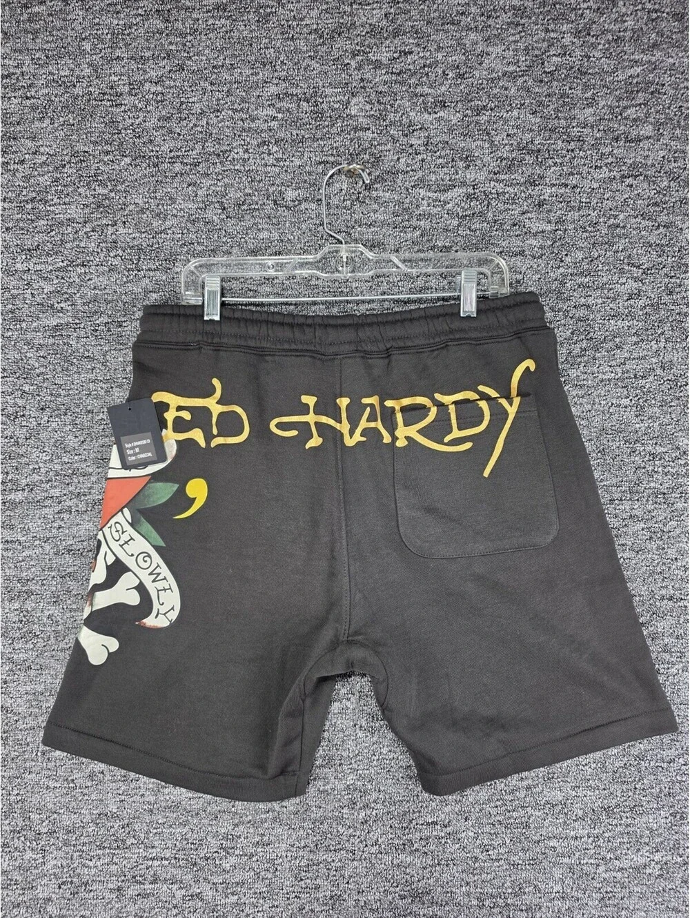 Ed Hardy Graphic Print Fleece Sweat Shorts Men Drawstring Pockets Charcoal M 8